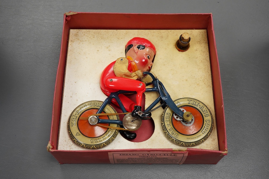 An early boxed Tri-ang Gyro-Cycle, with a gyroscope contained within the front wheel of the bicycle, providing power to the toy, template bicycle with celluloid rider, the box with original inner card holder and a sealed